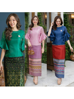 kudapy เสื้อลูกไม้สีชมพู/สีเขียวสี/กรม คอกลอมตอกเลียมตรงคอ แขนทรงบอลลูนผ่าแต่งด้วยลูกไม้เนื้อดี ช่วงตัวอัดกาวมาพร้อมซับในและชิปซ่อนหลัง(เฉพาะเสื้อ)