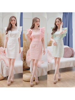 kudapy เดรสสั้นสีชมพู/สีเขียว/สีขาว ลูกไม้แขนระบาย