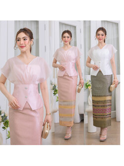 kudapy เสื้อผ้าไหมจิตลดาสี่เส้น แต่งผ้าไหมแก้วเนื้อผสมไม่แข็ง แต่งกระดุมหลอก (เฉพาะเสื้อ)