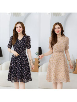 kudapy เดรสสั้นสีดำ/สีชมพูนู้ด ผ้าชีฟอง ดีเทลช่วงแขนเย็บจั้มสวยมีเลเยอร์ ช่วงเอวตีเกล็ด