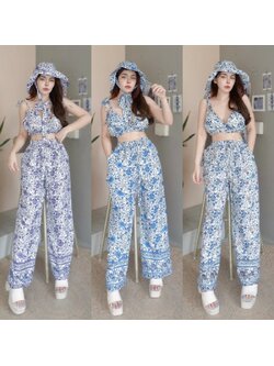 kudapy set 2 ชิ้น เสื้อสายเดี่ยว ผุกไหล่ พิมพ์ลาย + กางเกงขายาว ใส่เที่ยวทะเลชิลๆ