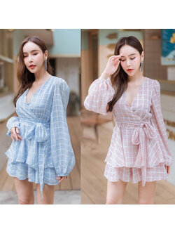 kudapy จั้มสูทสีชมพู,ฟ้า หวาน เนื้อผ้าลายตารางในตัว พริ้วๆ ใส่สบาย คอวีทบกัน