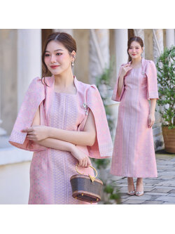 kudapy ชุดออกงานผ้าไหม ชุดเดรส นางพญาลายแพรวา ชุดออกงาน ทำงาน ปาตี้ งานเลี้ยง สีชมพู