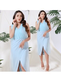 kudapy ชุดไปงานแต่งงานสีฟ้า ไหล่แต่งผ้าซีทรู สวยๆ เก๋ เรียบหรู น่ารักๆ