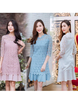 kudapy เดรสสั้นคอกลมชายระบาย สีชมพู/สีฟ้า/สีเขา เดรสใส่ออกงานผ้าลูกไม้เนื้อนิ่ม ซับในซิบหลังอย่างดีค่ะ ไหล่และแขนผ้าลูกไม้ซีทรูโชว์เซ็กซีี่