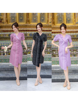 kudapy เดรสสั้นสีดำ/สีม่วง/สีชมพู ผ้าทอแต่งปกเทเลอร์แขนกลีบบัว