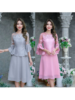 kudapy เดรสสั้นสีชมพู/สีเทา เป็นงานผ้าไหมแต่งลูกไม้ + ผ้าชิฟฟ่อนพริ้วๆ งานผสมผสาน 3 เนื้อผ้า ดีเทลมากมายตกแต่งสวยหวาน
