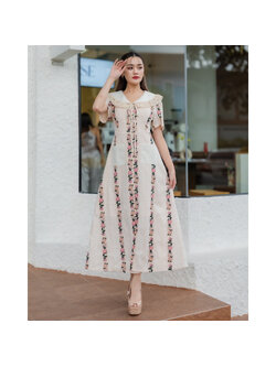 kudapy เดรสสีขาวครีม เดรสลูกไม้งานปักดอกไม้ น่ารักลุคคุณหนู มีซับใน ซิบหลัง