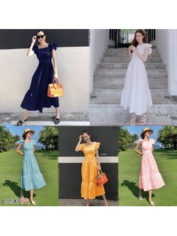 kudapy เดรสยาวสีขาว, กรม, ฟ้า, เหลือง, ชมพู คอเหลี่ยม แขนคลุม ผูกโบว์ด้านหลัง (ผูกเอง) โชว์แผ่นหลังเซ็กซี่