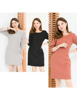 kudapy ชุดเดรสคอกลมทรงเรียบสีส้มอิฐ/สีดำ/สีเทา คลาสสิก ไม่มีเกล็ด รีดง่ายใส่สบาย ซับในทั้งตัว