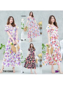 kudapy แม็กซี่เดรสปาดไหล่ระบายลายดอกไม้ผูกเอว