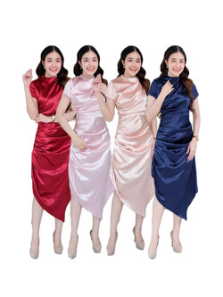 kudapy เดรสสั้นใส่ออกงานสีแดงสด แขนสั้น คอปีน ผ้าเนื้อเงา