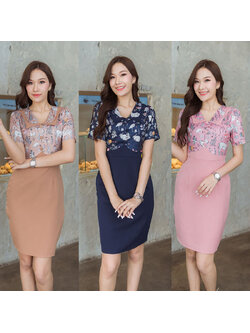 kudapy เดรสสั้นสีชมพู/สีน้ำตาล/สีกรม ผ้าอัดลายกระต่าย แต่งคอปก พร้อมงานซิปหลัง