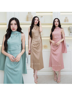 kudapy เดรสยาวแขนกุด มาพร้อมผ้าคลุมไหล่สวยเก๋ ชุดไปงานแต่งงาน ชุดออกงาน ชุดเพื่อนเจ้าสาว ผ้าเครปซาติน