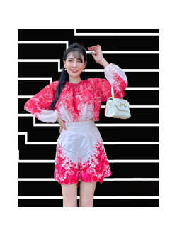 kudapy set Bohimain ชีฟองสวยๆ เสื้อ+กางเกง ลายสีแดง กางเกงมีกระเป๋า เรียบหรูไฮโซ
