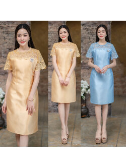 kudapy เดรสสั้นสีเหลืองทอง/สีฟ้า ผ้าไหมจิตลดามีซับในตัวผ้าไม่ได้อัดกาวไม่บาง ช่วงอกและแขนแต่งลูกไม้แบบ3มิติ