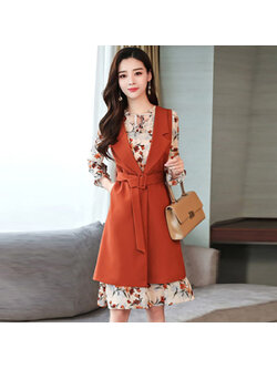 kudapy ชุดเซ็ทเดรสและเสื้อคลุมตัวยาวสีน้ำตาลอิฐ XL