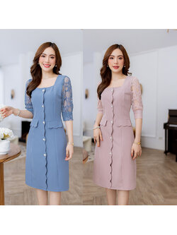 kudapy เดรสสั้นสีชมพู/สีฟ้าคราม ผ้าพื้นสวยหรู ใช้ผ้าพื้นเย็บเป็นลูกเล่นให้เป็นเคริฟแต่งด้วยกระดุมมุกล้อมเพชรสวยหวาน ช่วงแขนเป็นผ้าลูกไม้