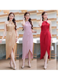 kudapy เดรสยาวชมพูกลีบบัว/สีแดง/สีน้ำตาล คล้องคอ+โบว์เพชร กระโปรงทรงทิวลิป มีซับกระโปรงสั้นด้านใน