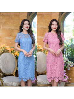 kudapy เดรสสั้นสีฟ้า/สีชมพู ผ้าลูกไม้เนื้อดี เป็นผ้าลูกไม้ถักลายเนื้อไม่เงาเกรดพรีเมี่ยมลายสวย ทอลายแน่นอย่างดี มีปักด้วยเลื่อมใสสีวิ้ง