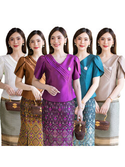 kudapy เสื้อสีม่วง/สีน้ำตาล/สีขาว/สีส้ม/สีเขียว ผ้าไหม4เส้น ทุกสีใส่แล้วขับผิว เนื้อผ้าทอสวย เนื้อเบาสบาย ใส่สบายผิว มีลายเส้นในตัว