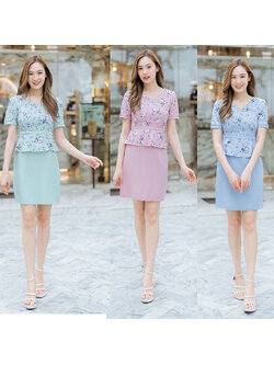 kudapy เดรสสั้นทำงานสีชมพู/สีฟ้า/สีเขียว คอวีทำงานเสื้อลายดอก