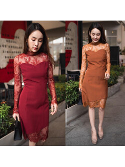 kudapy เดรสสั้นสีแดง,สีน้ำตาลทรงสวย แต่งผ้าลูกไม้เนื้อนิ่มสุดเซ็กซี่ คอปีนแขนยาวซีทรู สวยมากน้าารุ่นนี้