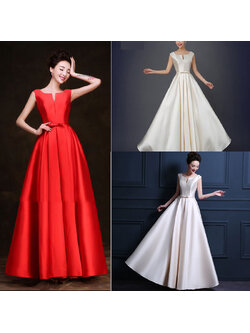 kudapyเดรสยาวสีแดง/ขาว/ครีม แบบแขนกุด ผ้าซาตินเรียบหรู แต่งโบว์2ชั้น ช่วงเอว (เชือกผูกหลัง)