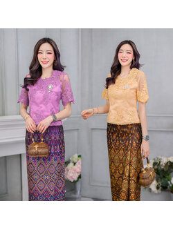 kudapy เสื้อลูกไม้อิตาลีเนื้อแน่นหนาซีทรูสีทอง/สีม่วง ปักลูกไม้แน่นมากแขนสั้นช่วงอกแต่งกระดุมหน้า มีชิปหลังยาวใส่สบาย (เฉพาะเสื้อ)