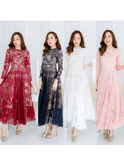 kudapy เดรสยาวสีชมพู/สีขาว/สีกรม/สีแดง แขนยาวผ้าลูกไม้สวยดูดีใส่สบายน่ารักมากๆ