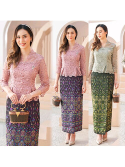 kudapy เซ็ทเสื้อลูกไม้สีชมพูม่วง/สีเขียว ผ้าใยบัวฝรั่งเศษพรีเมี่ยม+ผ้าถุงเป็นผ้าไหมแพรวากาฬสินทร์สำเร็จรูปอัดกาวอย่างดี