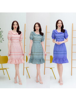 kudapy เดรสสั้นสีฟ้า/สีชมพู/สีเขียว ลายขอคอบัวชายระบาย