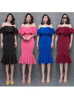 kudapy เดรสสั้นคลุมเข่า เดรสเปิดไหล่ทรงหางปลาสีชมพู/สีดำ/สีแดง/สีน้ำเงิน ใส่ออกงาน ใสเที่ยวได้หมดคร่าางานนี้ แซบมากค่ารุ่นนี้