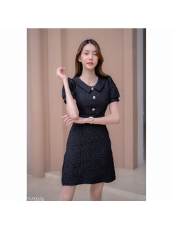 kudapy เดรสสั้นสีดำ ผ้าทอนูนคอปกแต่งกระดูมหน้า ใส่ออกงานสวยดูดี