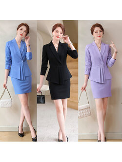 kudapy ชุดสูททำงานผู้หญิงสีฟ้า/สีดำ/สีม่วง ปกป้านแต่งกระดุมสองเม็ดพร้อมกระโปรง