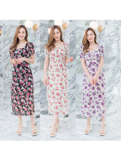 kudapy เดรสยาวสีชมพู/สีดำ/สีครีม ลายดอกปักลูกไม้สามมิติ