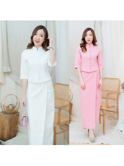 kudapy เซทสีขาว/สีชมพู คอปกกระดุมหน้าแขนยาวกระโปรงยาว