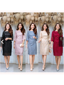 kudapy เดรสผ้าลูกไม้สีกะปิ/สีแดง/สีดำ/สีทอง/สีคราม แขนสามส่วน มีซับในในตัวเนื้อดี ซิบซ่อนด้านหลัง