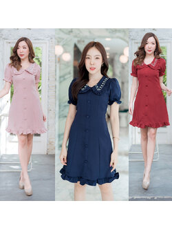kudapy เดรสสั้นคอบัวแต่งกระดุมสีแดง/สีชมพู/สีกรม คอปกกระดุมหน้าแขนจั๊มสวยดูดีน่ารัก