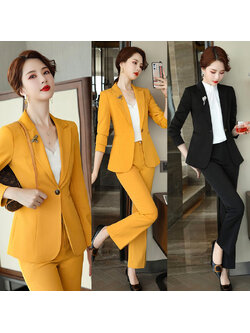 kudapy ชุดสูททำงานผู้หญิงสีดำ/สีเหลือง ปกป้านแขนยาวพร้อมกางเกง
