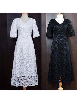 kudapy เดรสยาวออกงานผ้าลุกไม้สีขาว สีดำ เดรสคอวี ลูกไม้ฉลุ มีซับในอย่างดี