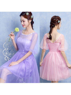 kudapy ชุดราตรีสั้นสีชมพู/สีม่วง คอกลม ช่วงบนประดับด้วยผ้าลูกไม้ แขนพองๆ2ชั้น