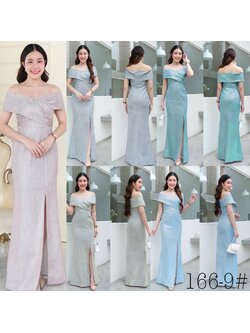 kudapy เดรสยาวสีชมพู,ฟ้า,เทา,ทอง,เขียวมิ้น ทรงไขว้อกแถบใหญ่ ตีเกร็ดโอบบ่า กระโปรงหางปลา ผ่าหน้า ทำให้ขายาวเพรียว ซิปหลัง