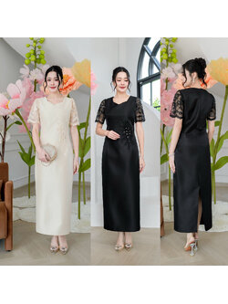 kudapy เดรสผ้าไหมอัดกาวทั้งชุด งานทรงตรงสวยเรียบหรู ด้านหลังกระโปรงผ่า แต่งลูกไม้แต่งเลื่อมช่วงแขนและตกแต่งดอกไม้ประดับช่วงเอว