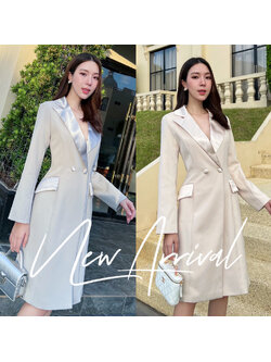 kudapy เดรสสูททรงสอบสีครีม/สีเทา เรียบหรู มีซับในทั้งชุด เป็นเดรสกระดุมหน้า กระเป๋าสามารถใช้งานได้จริง แต่งกระดุม 2 เม็ด