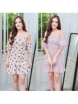 kudapy เดรสสั้นสีชมพู/ครีม สายเดี่ยวมีแขนสบายสวยดูดีน่ารักมากๆ