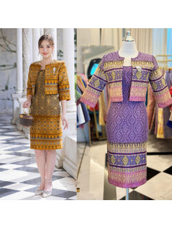 kudapy เดรสสีทอง/สีม่วง ผ้าฝ้ายลายไทลื้อมาพร้อมเสื้อคลุมโดดเด่นเรื่องลายผ้าสวยงาม