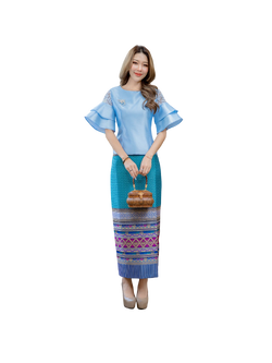 kudapy เซต 2 ชิ้น เสื้อผ้าไหมญี่ปุ่นเนื้อทรายคอกลม แขนแต่งระบายสีฟ้า+ผ้าถุงทอลายดอกพิกุลอย่างดีสีฟ้าน้ำเงิน งานมีซับใน ซิบหลัง