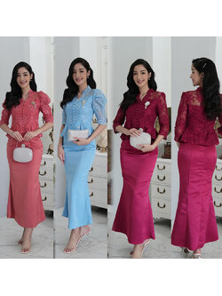 kudapy ชุด set สีแดงไวน์/สีฟ้า/สีส้มอิฐ เสื้อลูกไม้ทอลายดอกไม้สุดหรู มีซับในทั้งตัวใส่สบายไม่คัน กระโปรงหางปลา