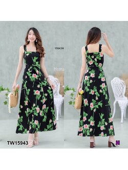 kudapy แม็กซี่เดรสยาว สายเดี่ยวแขนกุดผ้าไหมอิตาลี่ พิมลายดอกกุหลาบ มีซิปหลัง + สายผูก